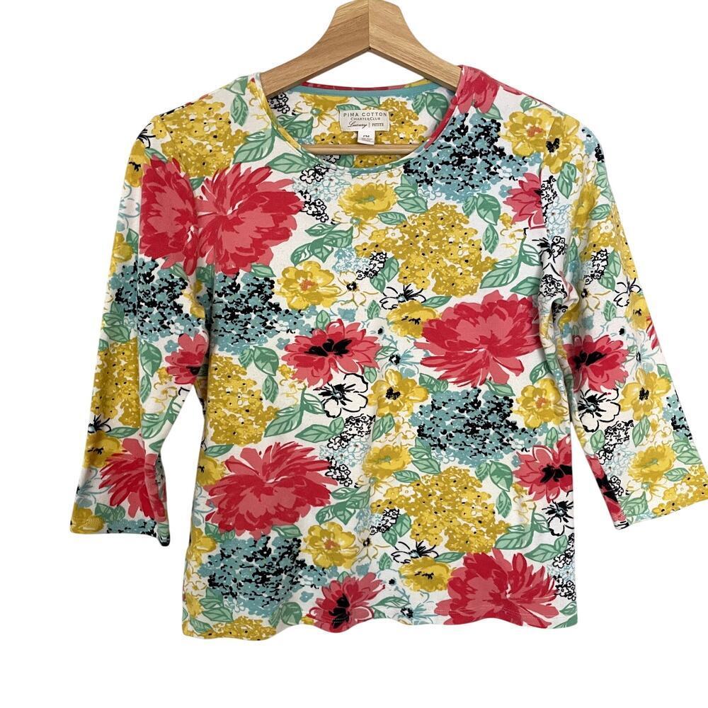 Charter Club luxury petite pima cotton floral 3/4 sleeve top women's size PM